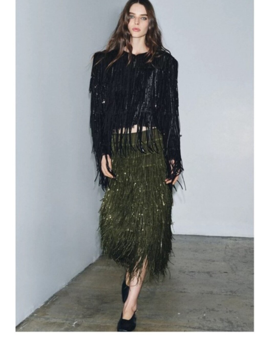 NWT Zara Olive Green Fringe Sequins Skirt *AS IS*